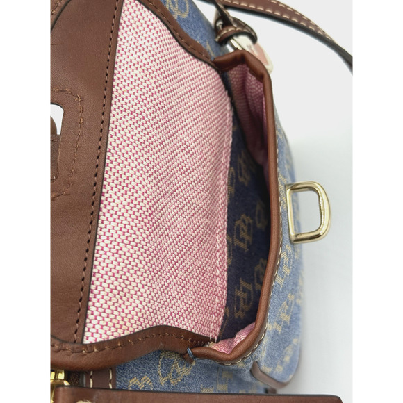 Dooney & Bourke Denim Monogram Letter Carrier Crossbody Brown Leather Trim Bag - Picture 6 of 11